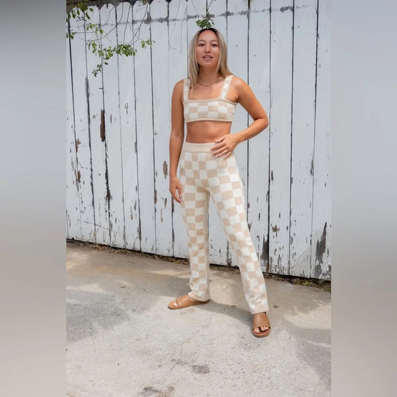 Belle the Label Checkered Knit Crop Top and Pant in Sand - Picture 6 of 14